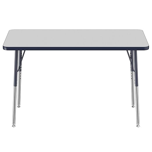 FDP Rectangle Activity School and Office Table (24 x 48 inch), Standard Legs with Swivel Glides, Adjustable Height 19-30 inches - Gray Top and Navy Edge