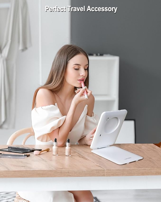 Rechargeable Travel Makeup Mirror with Lights, Portable Lighted Vanity 10X Magnification, 70 LEDs 3 Color Dimmable Touch Screen, Tabletop Folding Compact Cosmetic (White With 2000mah Battery)