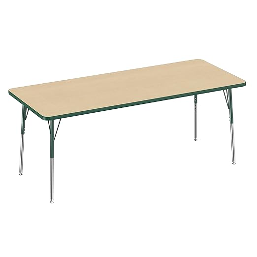 FDP Rectangle Activity School and Office Table (30 x 72 inch), Standard Legs with Swivel Glides, Adjustable Height 19-30 inches - Maple Top and Green Edge