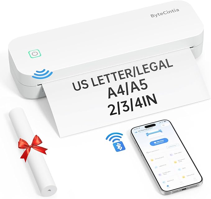 Portable Printer for Travel, Bluetooth Thermal Printer Supports 8.5 x 11 Inch US Letter Size, Compatible with Android and iOS & Laptop Inkless Mobile for Office, Car, School