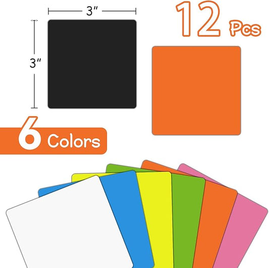 12 Pack 3"x3" Reusable Magnetic Sticky Notes, Dry Erase Whiteboard Magnets for Teachers, Classroom & Office Supplies - Eco-Friendly Multi-Color Sticky Notes for Whiteboard, Fridge, Locker, Cabinet