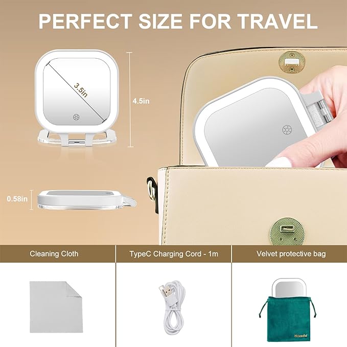 Mocado Compact Travel Makeup Mirror, 1X/30X Magnifying Mirror with Light, Double Sides Compact Mirror with 3 Color Light, Dimmable Handheld Mirror, Rechargeable Travel for Purse,Pocket(White)