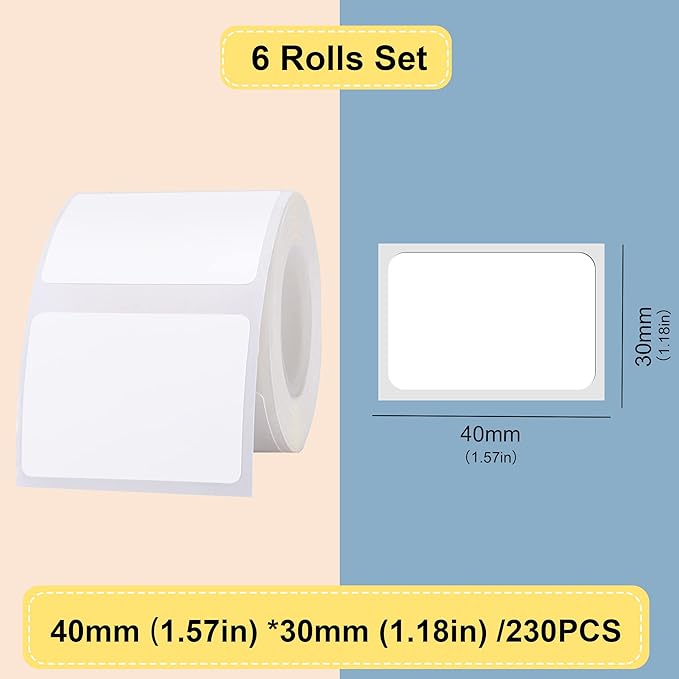 6 Rolls(1380PCS) Thermal Label Sticker for B21/B3S/B1 Printer Label Maker Tape Waterproof Sticker Paper Business Shipping Address Labeling Replacement with Self-Adhesive (40 x 30mm-230PCS)