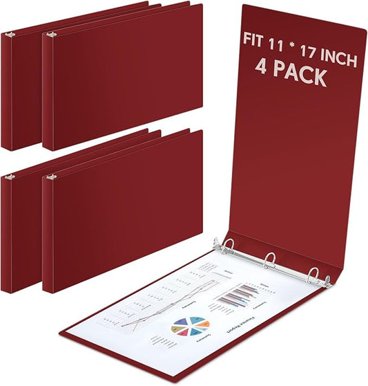 4 Pcs 11 x 17 Inch 3 Ring Binders 1 Inch Rings Heavy Duty View Plastic Flexible D Ring Binders Economy Holds 11" x 17" Paper for Artwork Blueprints, Office, Home, Work Places(Red)