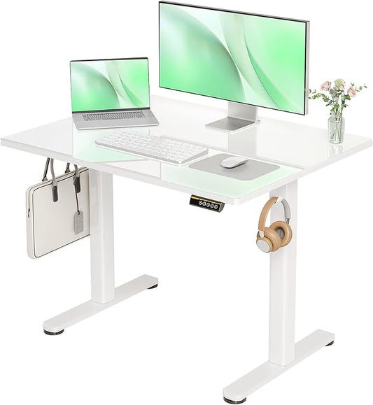 Claiks Glass Standing Desk, 40x24 Inch Small White Stand Up Desk Electric Adjustable Height Quick Install Computer Desk for Home Office, Super White
