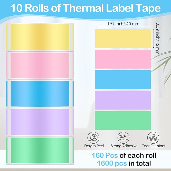 1600 Pcs Label Tapes 15 x 40 mm Laminated Stickers Replacement Compatible with D30 Portable Thermal Label Paper Printer Tapes Refill for Office 160 Pcs/roll (Soft Color)