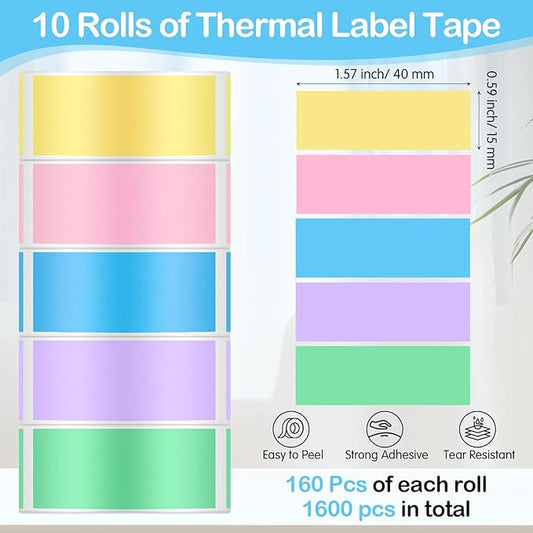 1600 Pcs Label Tapes 15 x 40 mm Laminated Stickers Replacement Compatible with D30 Portable Thermal Label Paper Printer Tapes Refill for Office 160 Pcs/roll (Soft Color)