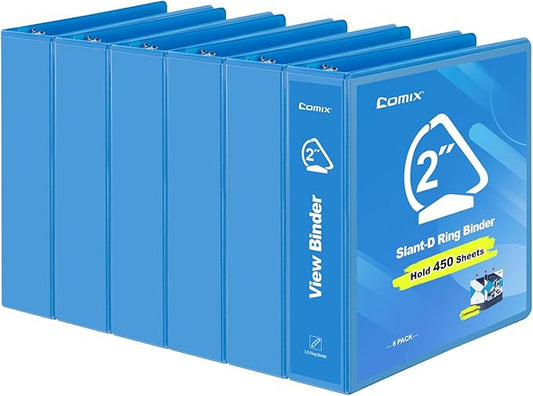 COMIX Sturdy 3 Ring Binder 2 inch with Clear View Cover, 2" Slant-D Ring View Binder Holds 500 Sheets of US Letter Size Paper, 6 Pack (Light Blue)