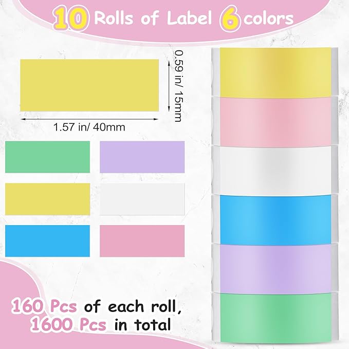 1600 Pcs Label Tapes 15 x 40 mm Laminated Stickers Replacement Compatible with D30 Portable Thermal Label Paper Printer Tapes Refill for Office 160 Pcs/roll(Colorful)