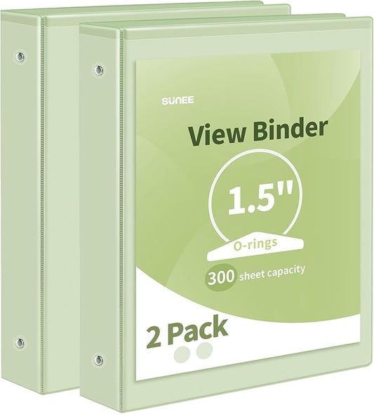 SUNEE 3 Ring Binder 1.5 Inch 2 Pack, Clear View Binder Three Ring PVC-Free (Fit 8.5x11 Inches) for School or Office Supplies, Sage Green