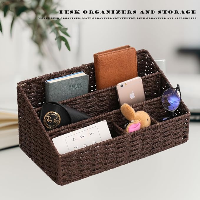 Desk Organizer, Mail Organizer Countertop, Magazine Organizer, Office Supplies Organization and Storage, Dark Brown