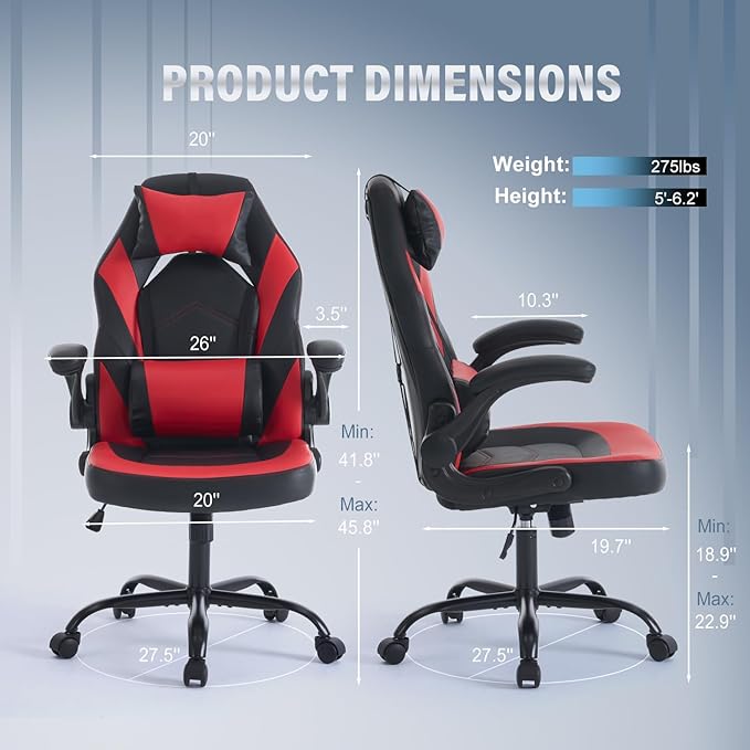 DUMOS Ergonomic Gaming Office Desk Chair with Flip-up Armrests for Adults, Height Adjustable PU Leather Video Game Computer Chair with 360° Rolling Wheels for Home and Office, Black Red