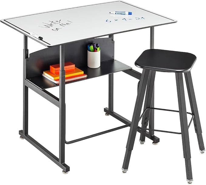 Safco AlphaBetter Adjustable-Height Desk for Active Learning for Students in Grades 3 to 12 with Swinging Pendulum Footrest, Fidget Bar, Dry Erase Desktop