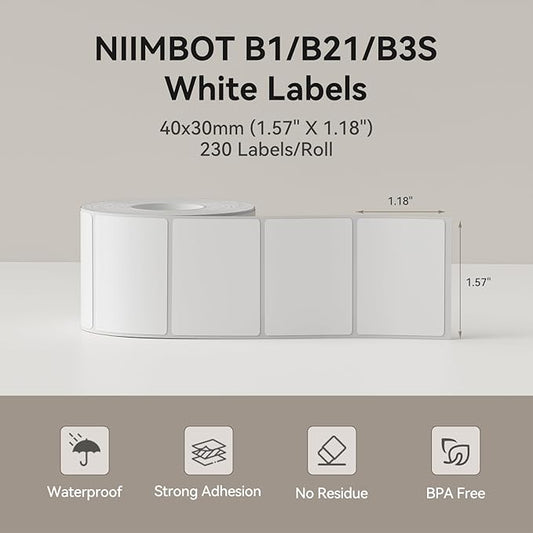 NIIMBOT Label for B1/B21/B3S Label Printer, 1.57" X 1.18" (40x30mm), 230 Labels/Roll, Thermal Sticker for Kitchen Jar/Bakery/Grocery/Barcode/Address/Clothing/Small Business, White
