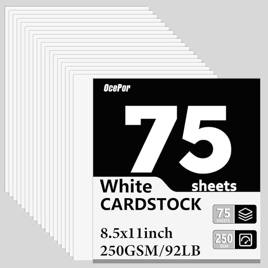 OcePor 75 Sheets White Cardstock 8.5 x 11, 92lb/250gsm Card Stock Paper, Thick Printer Cardboard Paper, Heavy Cardstock for Invitation, Resume, Certificate, Business Cards, Office