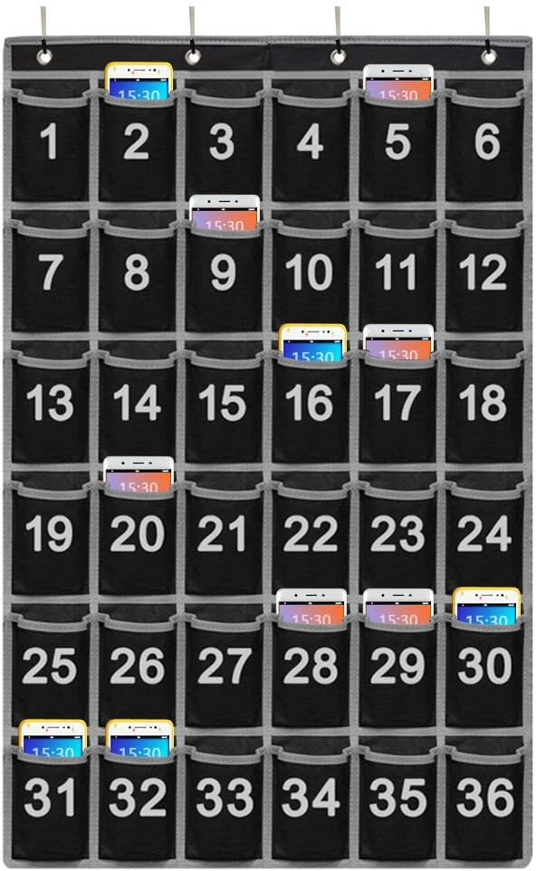 Godery Numbered Classroom Pocket Chart for Cellphone and Calculator holder, 36 Hanging Wall or Door Organizer (36 Pocket)