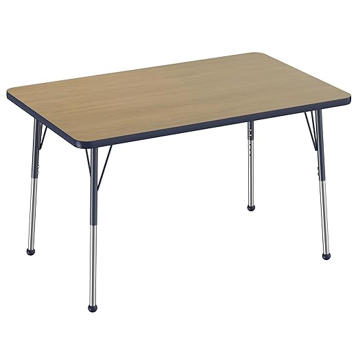 FDP Rectangle (30 x 48 inch) Classroom Table with Adjustable Standard Ball Glide Legs (19-30 in); School and Office Furniture - Pasadena Oak Top/Navy Edge and Legs