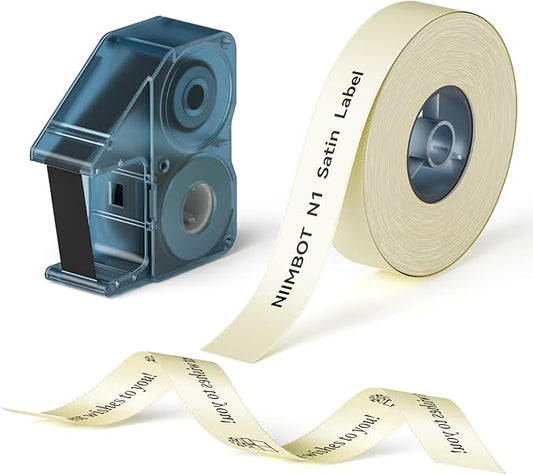 NIIMBOT N1 Satin Ribbon Set, Only for N1 Label Maker, for Gift, Wedding, Party, Craft Wrapping, DIY, Beige Satin Ribbon(14mm x 5.1m) with Black Ribbon(14mm x 6.2m)