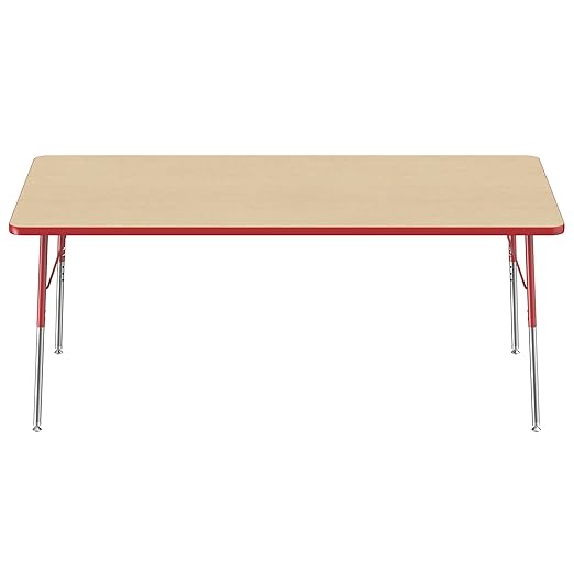 Factory Direct Partners FDP Rectangle Activity School and Office Table (36 x 72 inch), Standard Legs with Swivel Glides, Adjustable Height 19-30 inches - Maple Top and Red Edge