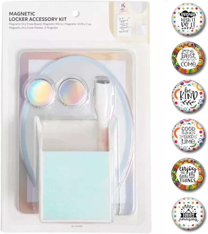 Boho Locker Kit: Mirror, White Board, Pencil Cup, Pen and Inspirational Magnets Style Set (Lucent Dreams - 12 Piece Kit)