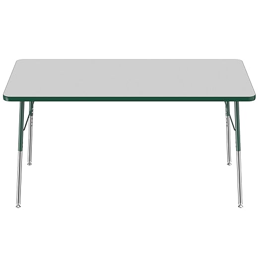 FDP Rectangle Activity School and Office Table (36 x 60 inch), Standard Legs with Swivel Glides, Adjustable Height 19-30 inches - Gray Top and Green Edge