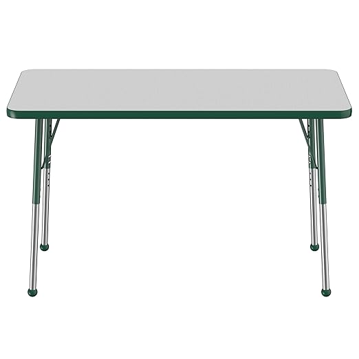 FDP Rectangle Activity School and Office Table (24 x 48 inch), Standard Legs with Ball Glides, Adjustable Height 19-30 inches - Gray Top and Green Edge