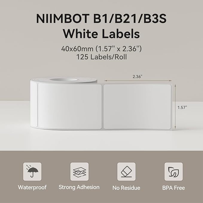 NIIMBOT Labels for B1/B21/B3S/K3,1.57'' x 2.36'' (40x60mm),125 Labels/Roll, Waterproof Thermal Label Print Paper for Barcode/Address/Mailing/Clothing/Business Tag,White