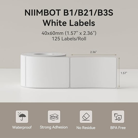 NIIMBOT Labels for B1/B21/B3S/K3,1.57'' x 2.36'' (40x60mm),125 Labels/Roll, Waterproof Thermal Label Print Paper for Barcode/Address/Mailing/Clothing/Business Tag,White