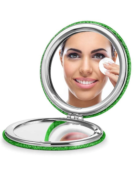 OMIRO 1X/10X Magnifying Compact Mirror with PU Leather, Ultra-Portable for Purses and Travel, Round Green