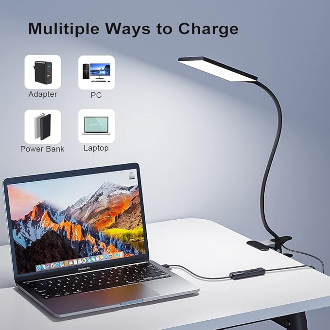 LED Desk Lamp with Clamp for Home Office, MONGERY Dimmable Clip on Desk Light with USB Port, 3 Color Modes 11 Brightness Flexible Gooseneck Reading Lamp for Studying Working, Black