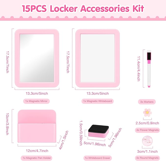 MoKo Locker Accessories Set, 15PCS Back to School Supplies Includes Magnetic Mirror, Whiteboard, Markers, Pen Holder, and Magnets, Locker Organizer for School Office (Pink)