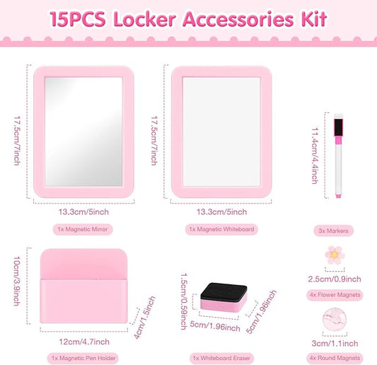 MoKo Locker Accessories Set, 15PCS Back to School Supplies Includes Magnetic Mirror, Whiteboard, Markers, Pen Holder, and Magnets, Locker Organizer for School Office (Pink)