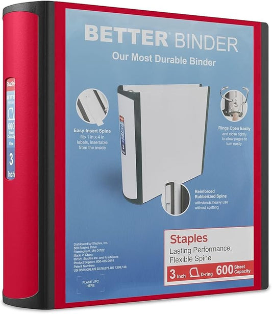 Staples 807717 Better 3-Inch D 3-Ring View Binder Red (18367)