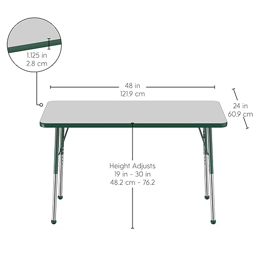 FDP Rectangle Activity School and Office Table (24 x 48 inch), Standard Legs with Ball Glides, Adjustable Height 19-30 inches - Gray Top and Green Edge