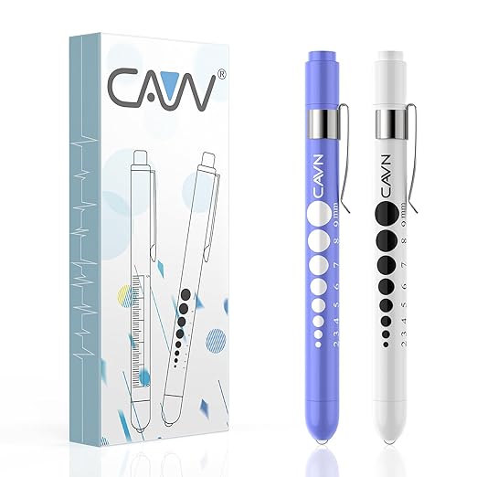 CAVN Pen Light with Pupil Gauge LED Penlight for Nurses Doctors, 2 Pcs Reusable Medical Penlight for Nursing Students (White/Bluish Purple)