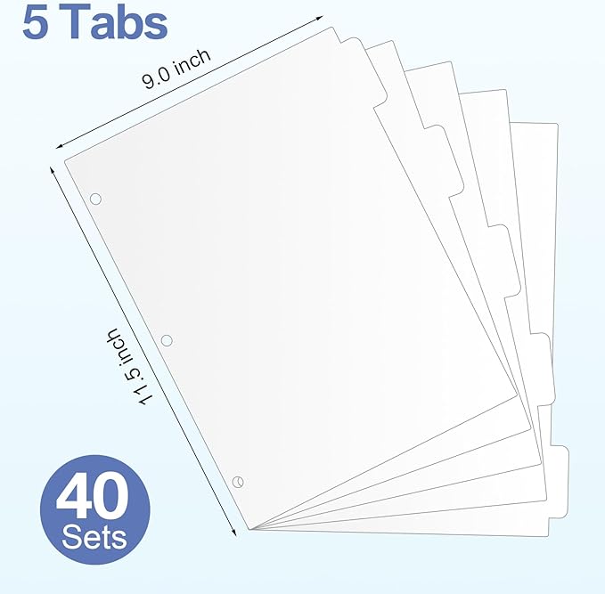 Thenshop 200 Pieces 3 Ring Binder Dividers with Tabs Bulk 40 Sets 5 Tab Dividers for 3 Ring Binders Letter Size(White)