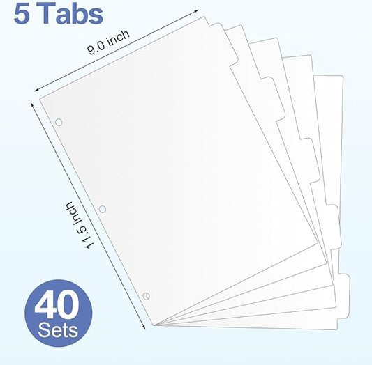 Thenshop 200 Pieces 3 Ring Binder Dividers with Tabs Bulk 40 Sets 5 Tab Dividers for 3 Ring Binders Letter Size(White)