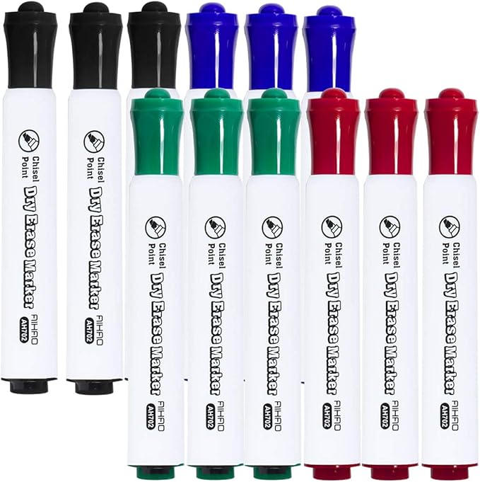 AIHAO Dry Erase Markers, Assorted Colors, Chisel Tip, Pack of 12, Whiteboard Marker for School, Office, Home