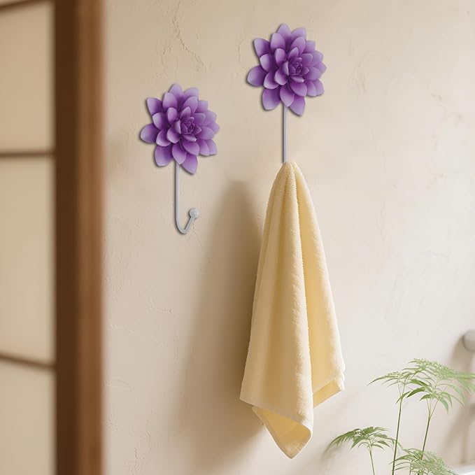 Guichifun Flower Shaped Decorative Wall Hooks - 2pcs Resin Purple Vintage Decor Hanger for Keys, Bags, Towels Bathroom Living Room Kitchen Home Decoration Gift 4 x 1.5 x 7 Inch