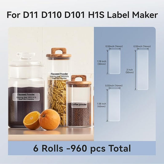 Label Maker Tape NIIMBOT D11 6 Rolls Adapted Cable Label Print Paper Standard Laminated Office Labeling Tape Replacement for D11 Handheld Label Machine Oil Proof Waterproof Tearproof (1440CLEAR)