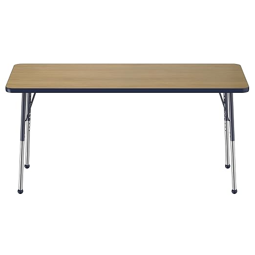 FDP Rectangle (24 x 60 inch) Classroom Table with Adjustable Standard Ball Glide Legs (19-30 in); School and Office Furniture - Pasadena Oak Top/Navy Edge and Legs