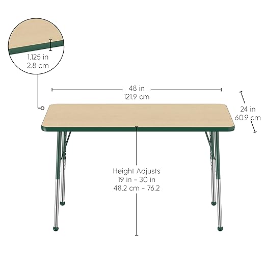 Factory Direct Partners FDP Rectangle Activity School and Office Table (24 x 48 inch), Standard Legs with Ball Glides, Adjustable Height 19-30 inches - Maple Top and Green Edge