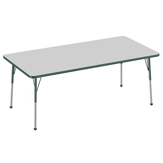 Factory Direct Partners FDP Rectangle Activity School and Office Table (36 x 72 inch), Standard Legs with Ball Glides, Adjustable Height 19-30 inches - Gray Top and Green Edge