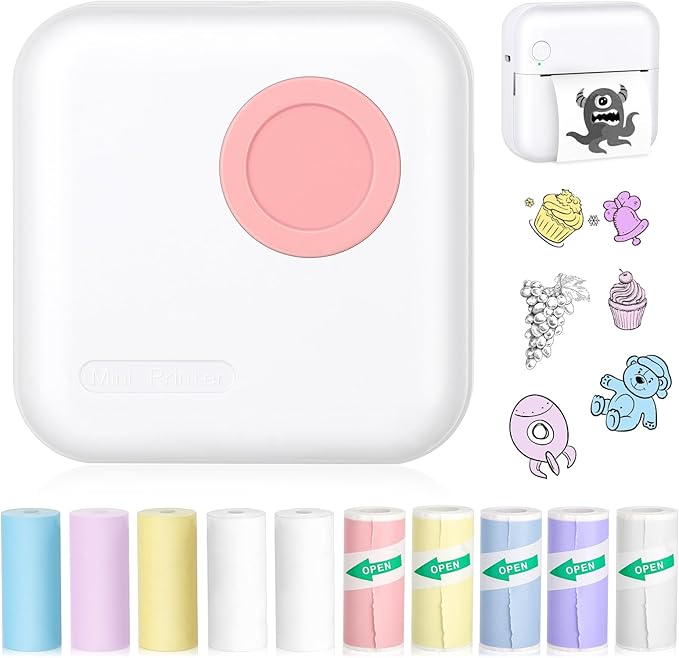 Mini Pocket Bluetooth Printer-Portable Thermal Printer with 10 Roll Papers for Journal/DIY Scrapbook/Travel/Notes/Lists/Label/Memo, Receipt Printer for Children Women Gifts Kids Christmas