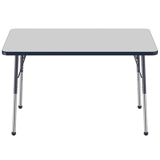 FDP Rectangle Activity School and Office Table (30 x 48 inch), Standard Legs with Ball Glides, Adjustable Height 19-30 inches - Gray Top and Navy Edge