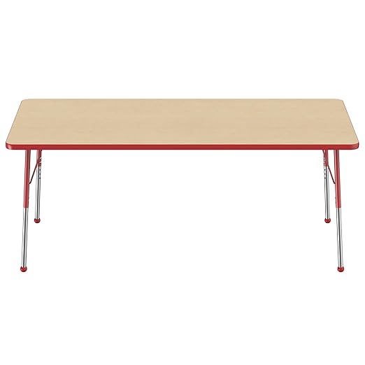 FDP Rectangle Activity School and Office Table (36 x 72 inch), Standard Legs with Ball Glides, Adjustable Height 19-30 inches - Maple Top and Red Edge
