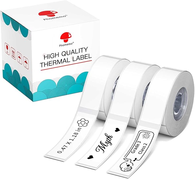 Phomemo D30 Labels, 3/8" X 1 1/2" (12mm X 40mm) 160 Labels/Roll, D30 Label Tape Compatible with D30 Label Printer, Print Master Labels Refill for Home, Kid School Supplies, Black on White, 3 Roll
