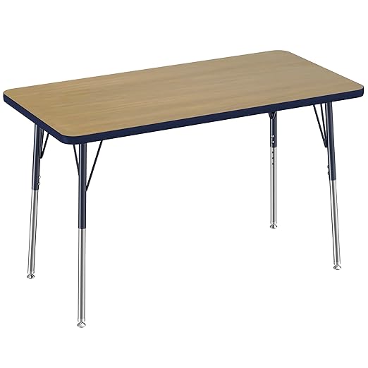 FDP Rectangle (24 x 48 inch) Classroom Table with Adjustable Standard Swivel Glide Legs (19-30 in); School and Office Furniture - Pasadena Oak Top/Navy Edge and Legs