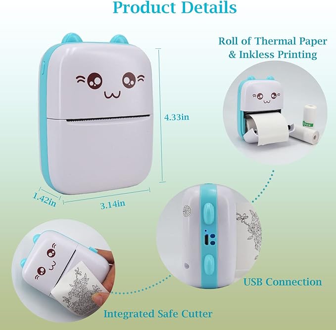 Mini Pocket Printer, Portable Thermal Printer with 8 Rolls Printing Paper, Bluetooth Wireless Tiny Printer for Photos/Stickers/Labels/Notes/Receipts, Compatible with iOS and Android, Blue