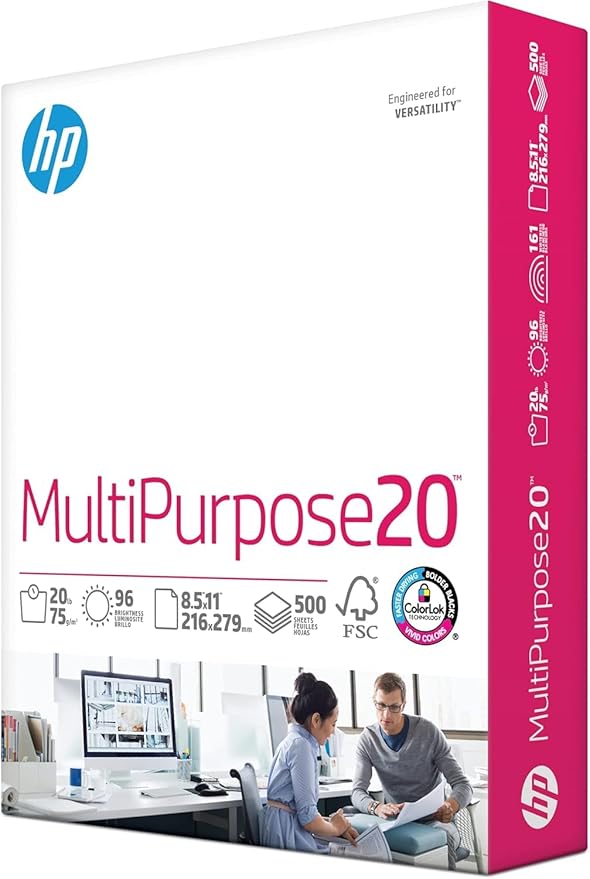 HP Papers | 8.5 x 11 Paper | MultiPurpose 20 lb | 5 Ream Case - 2500 Sheets | 96 Bright | Made in USA - FSC Certified | 115100PC